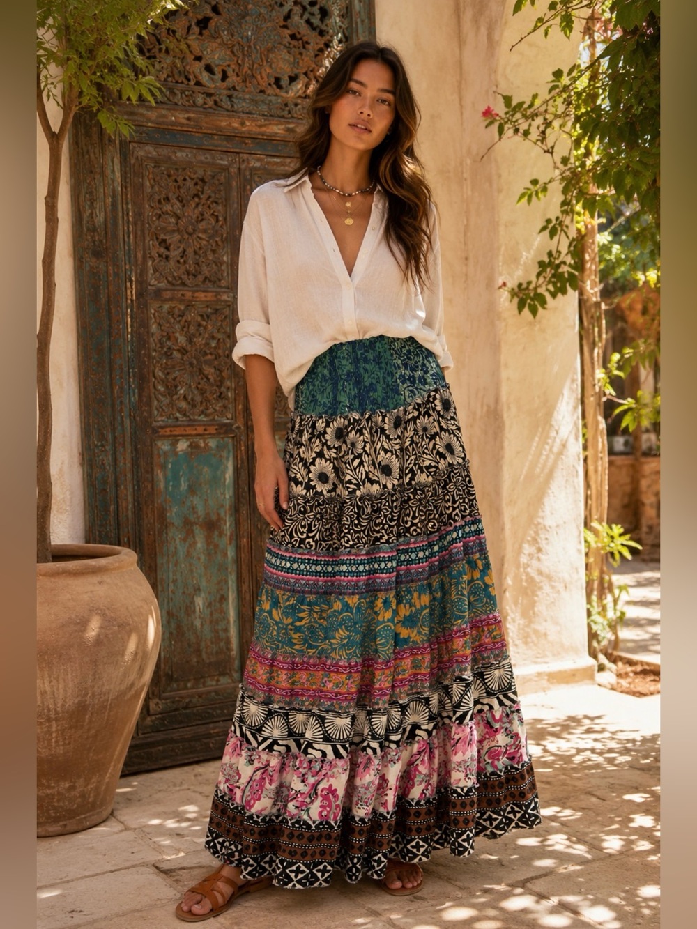 Bohemian Multi-Print Tiered Maxi Skirt - Multi